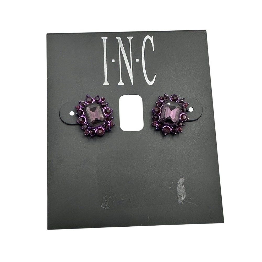 INC Purple Cluster Stud Earrings Womens OS Purple Emerald Cut Crystal‎ Glam